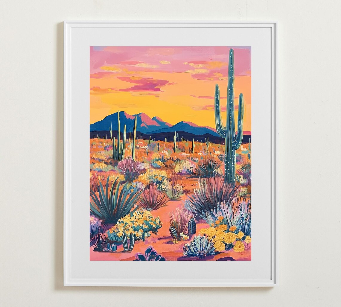 Desert Sunset Saguaro Cactus Pink Orange Sky Mountain Southwest Art Poster