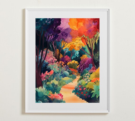 Enchanted Colorful Forest Path Vibrant Watercolor Nature Poster