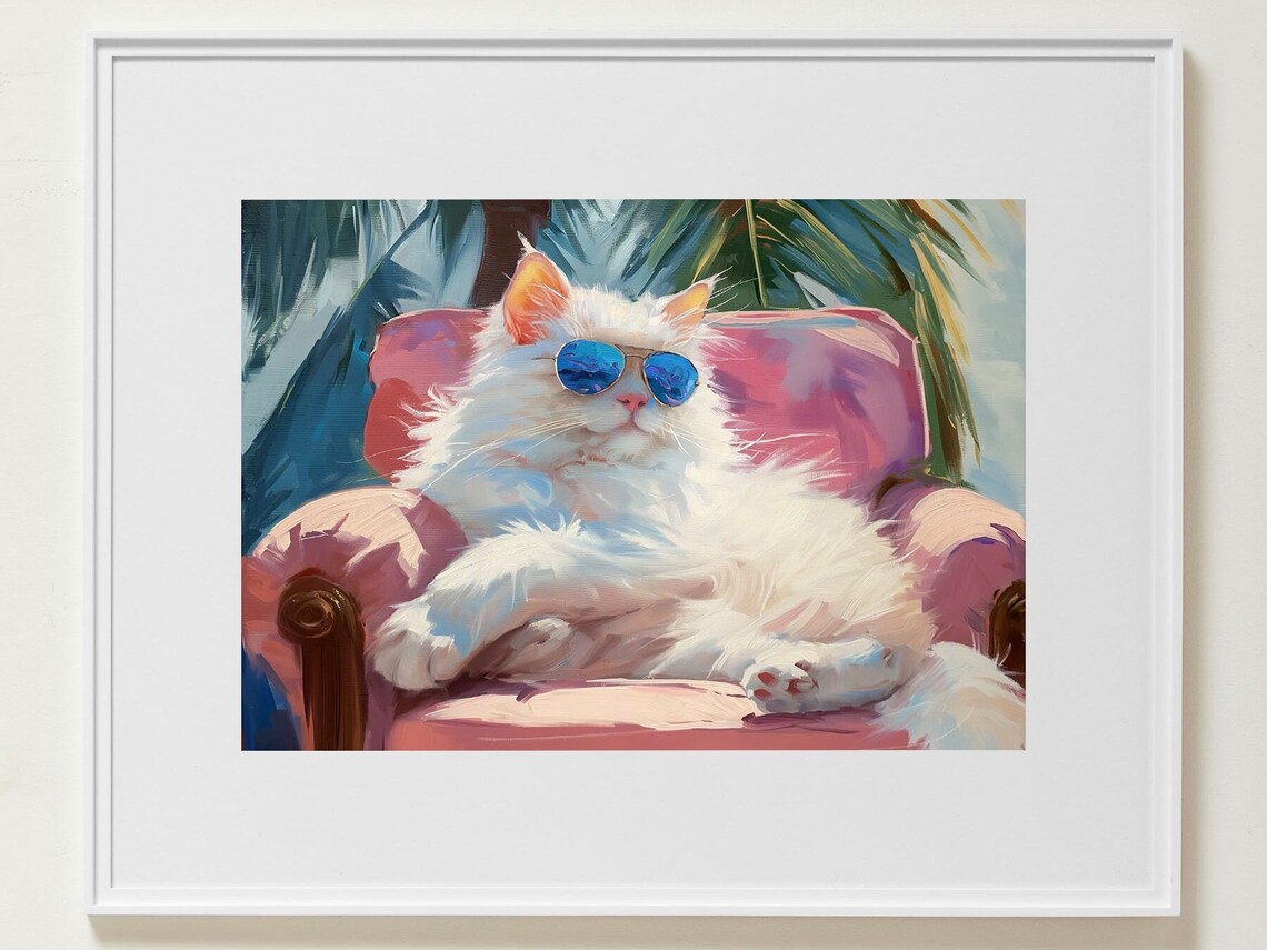 Funny White Cat in Sunglasses Lounging on a Pink Chair Poster