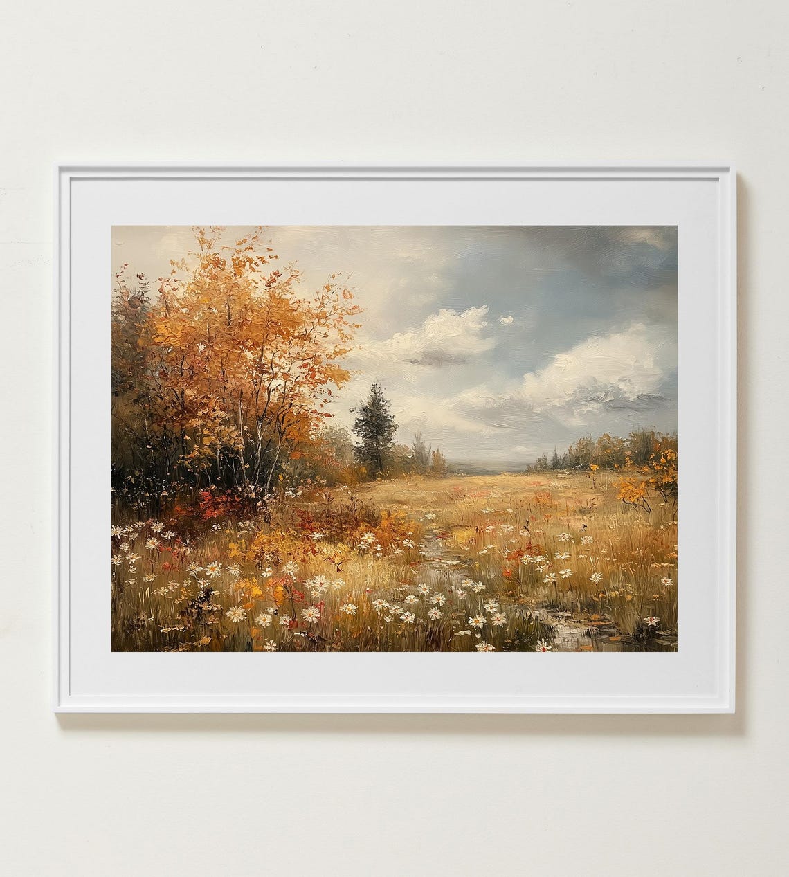 Golden Autumn Meadow With Wildflowers And Blue Cloudy Sky Poster