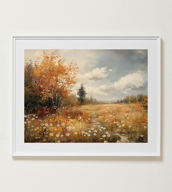 Golden Autumn Meadow With Wildflowers And Blue Cloudy Sky Poster