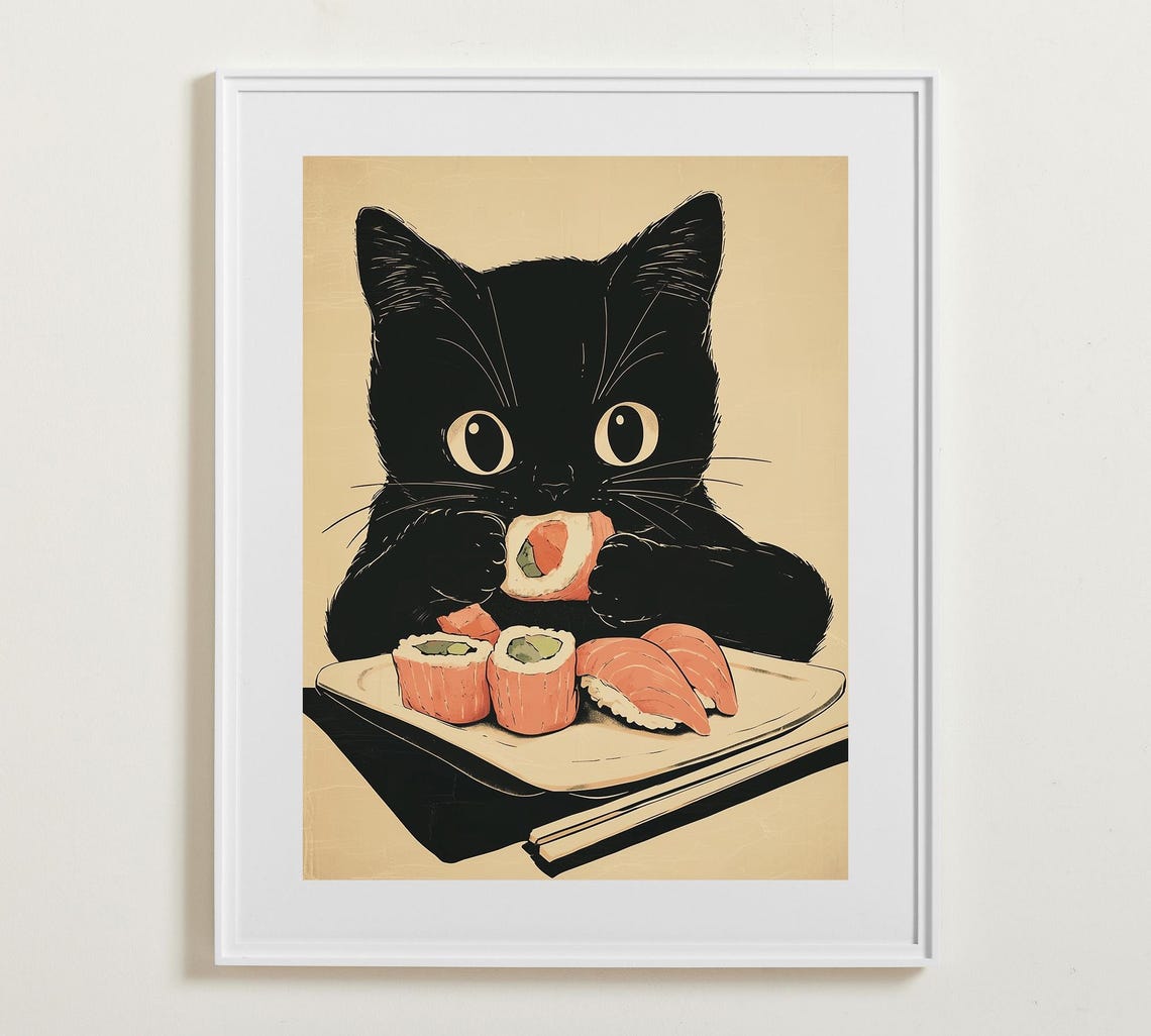 Cute Black Cat Eating Sushi Japanese Retro Style Kitchen Poster