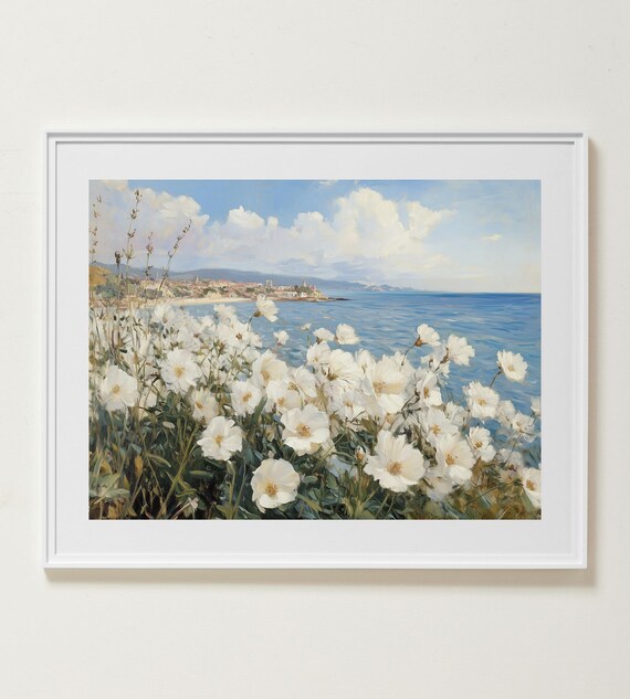White Cosmos Flowers Overlooking A Blue Sea And Distant Town Poster