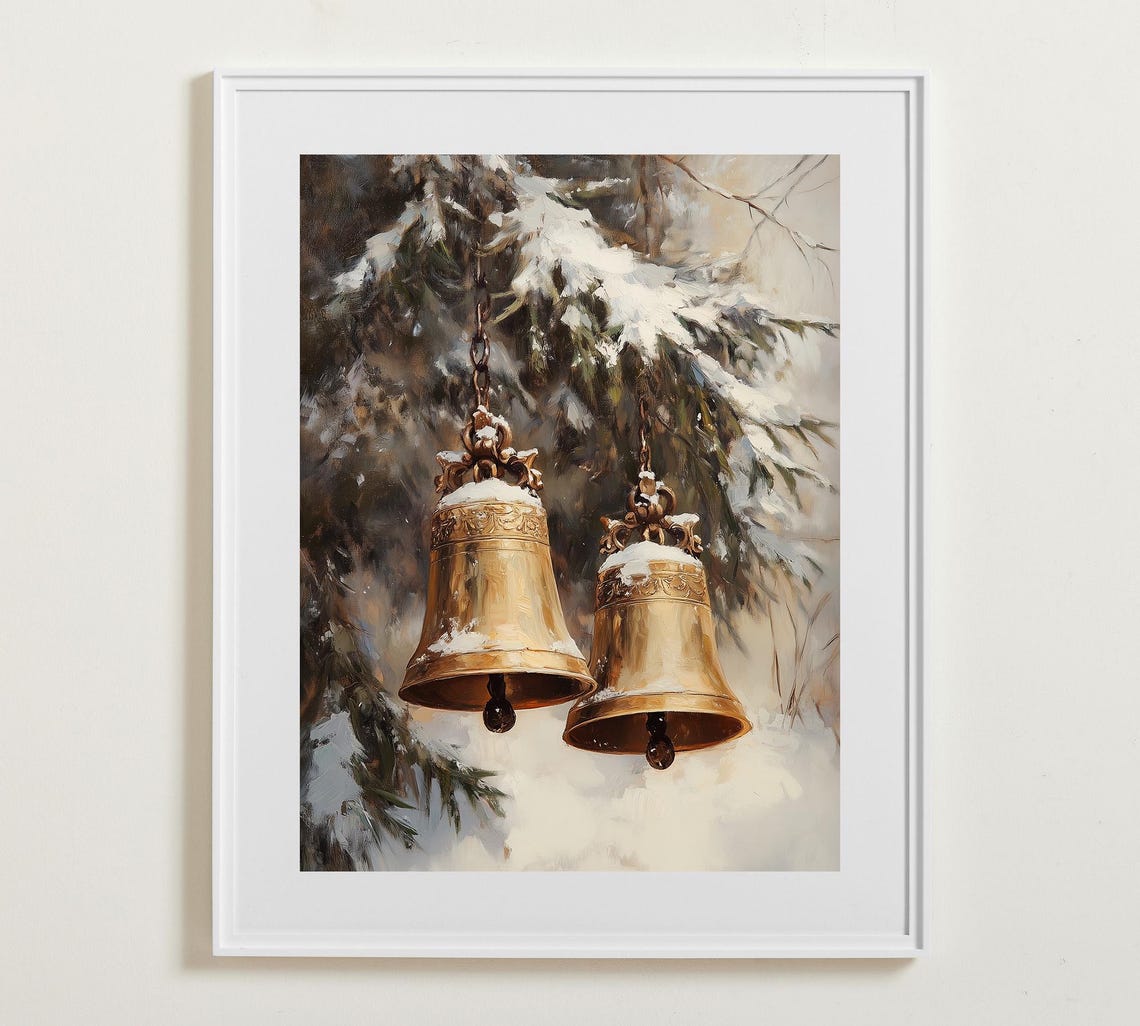 Two Golden Christmas Bells in Snow Covered Branches Still Art Poster
