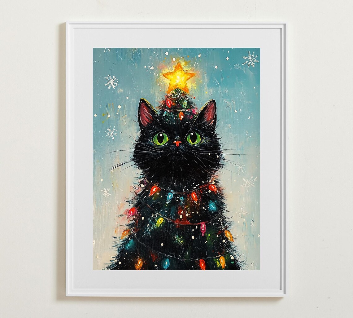 Black Cat Dressed As Christmas Tree Lights Star Holiday Art Poster