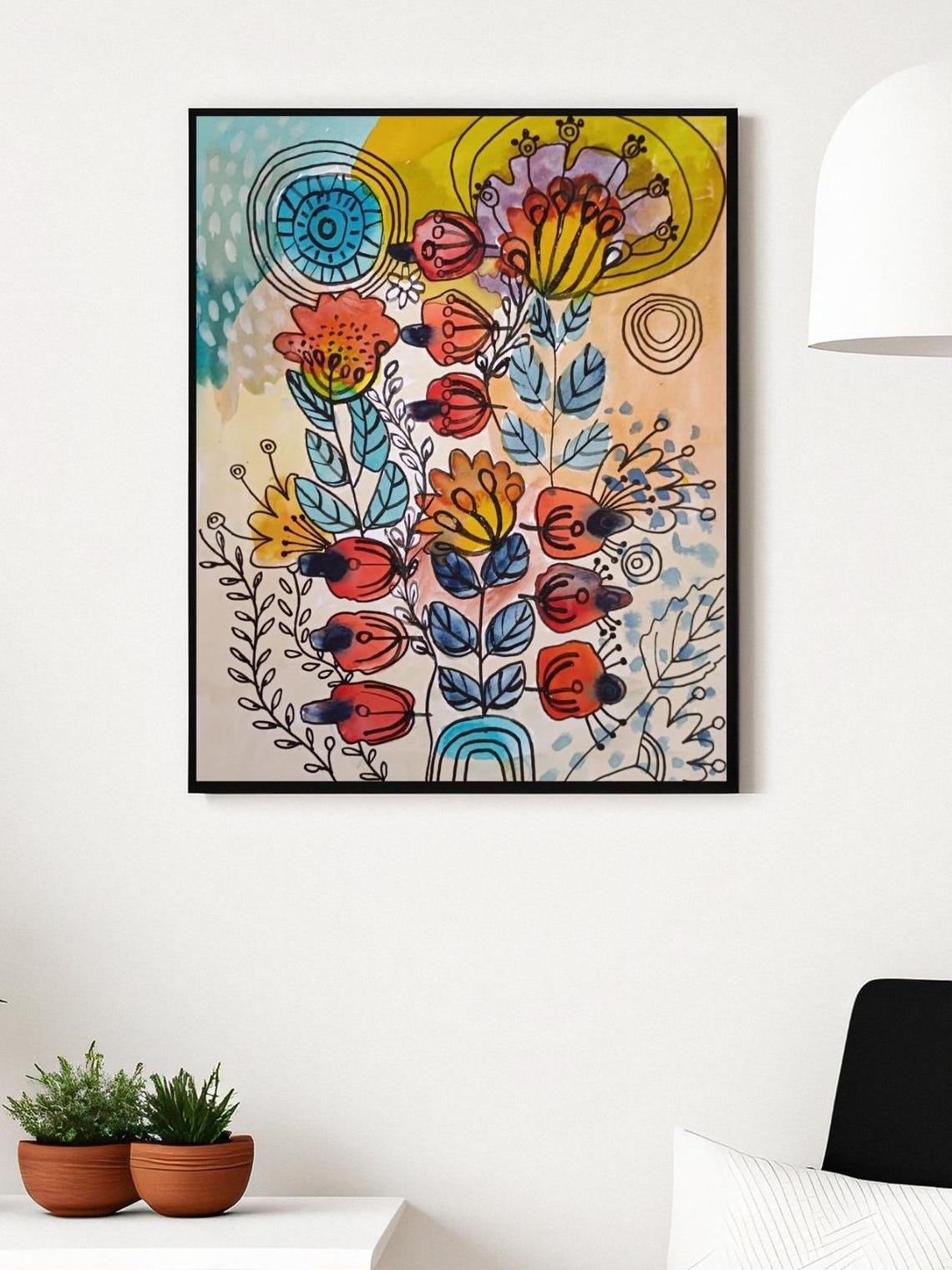 Whimsical Doodle Garden Red Tulips and Big Yellow Sun Art Poster - Image 2