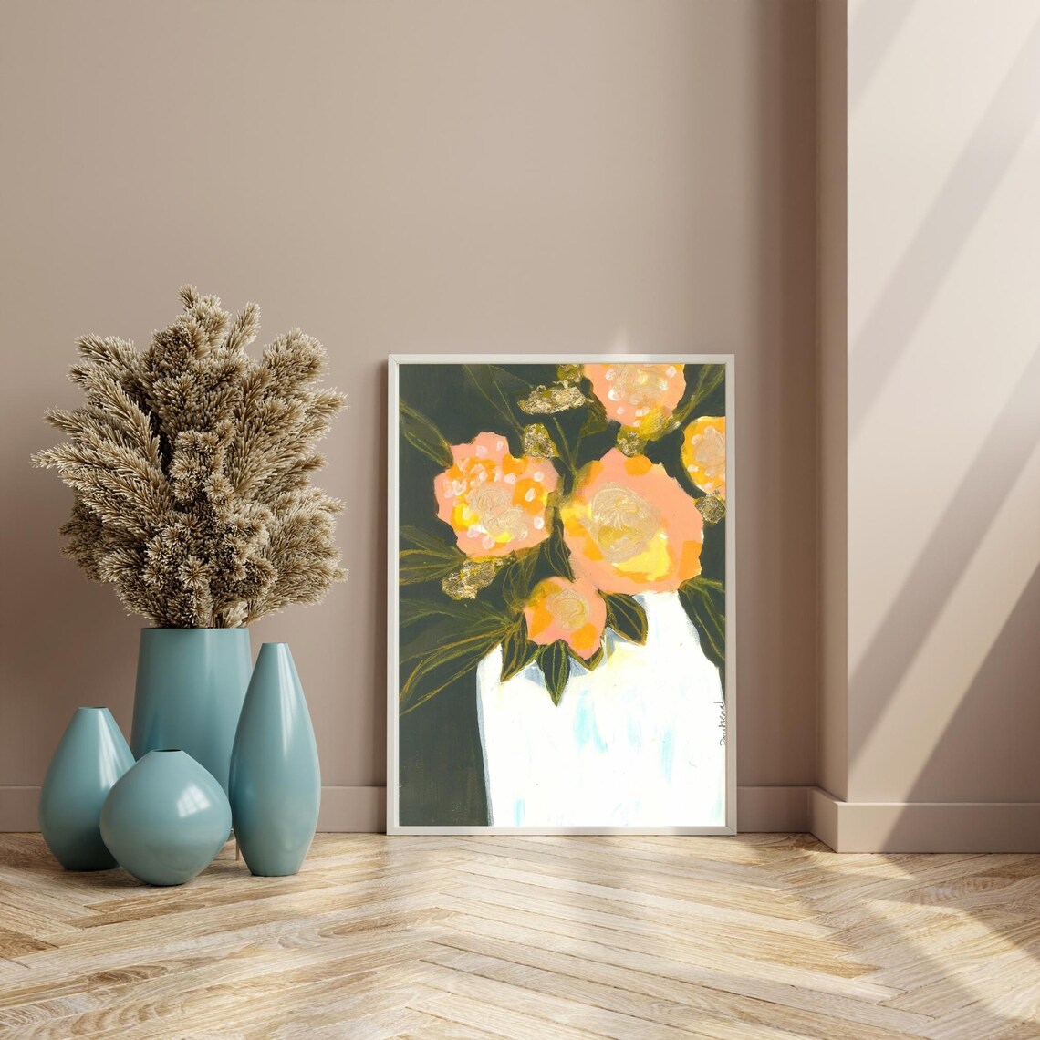 Romantic Peach Blossoms Bouquet In White Vase Floral Art Poster - Image 2