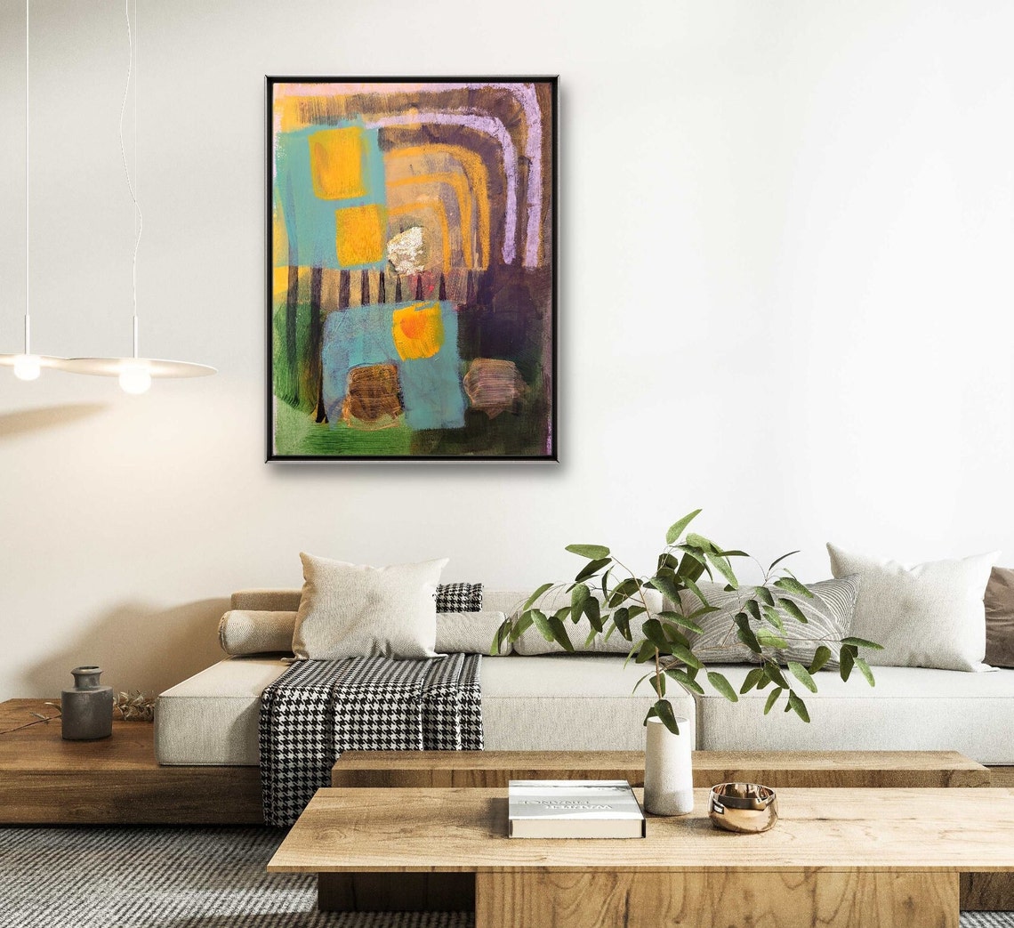 Teal and Yellow Layered Archways Moody Abstract Modern Art Poster - Image 2