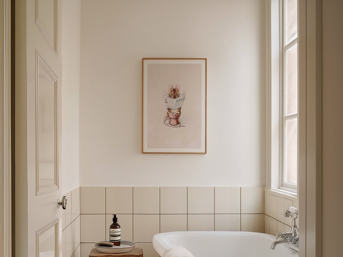 Reading Mouse Bathroom Art Print, Vintage Style Poster - Image 2