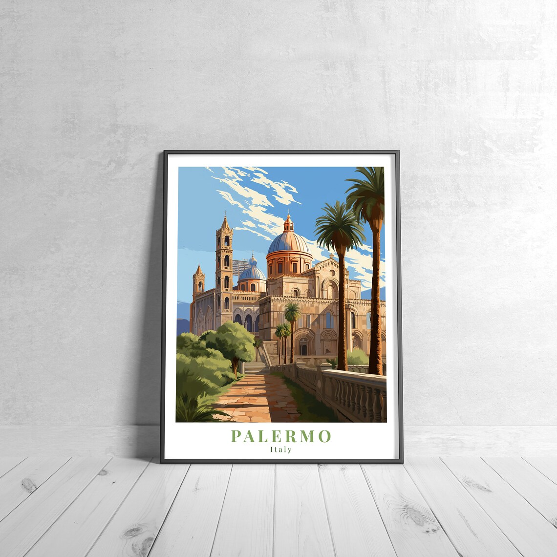 Palermo Italy Cathedral Domes Palm Trees Sicily Travel Art Poster
