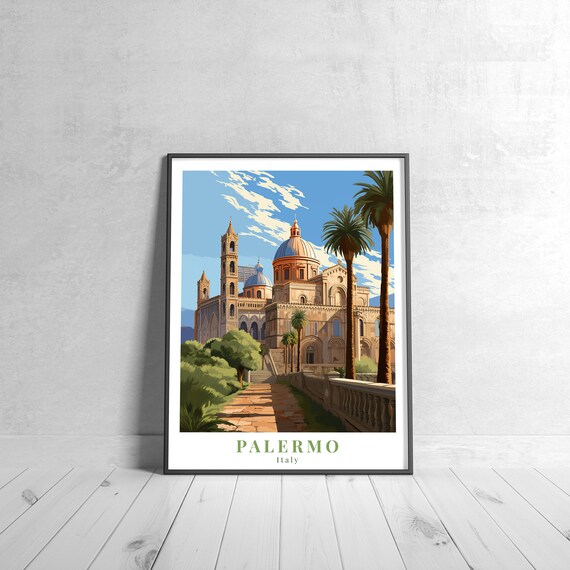 Palermo Italy Cathedral Domes Palm Trees Sicily Travel Art Poster