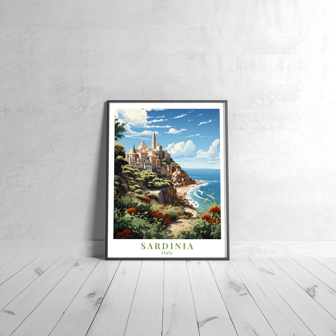 Sardinia Italy Cliffside Town Sea View Red Flowers Travel Poster