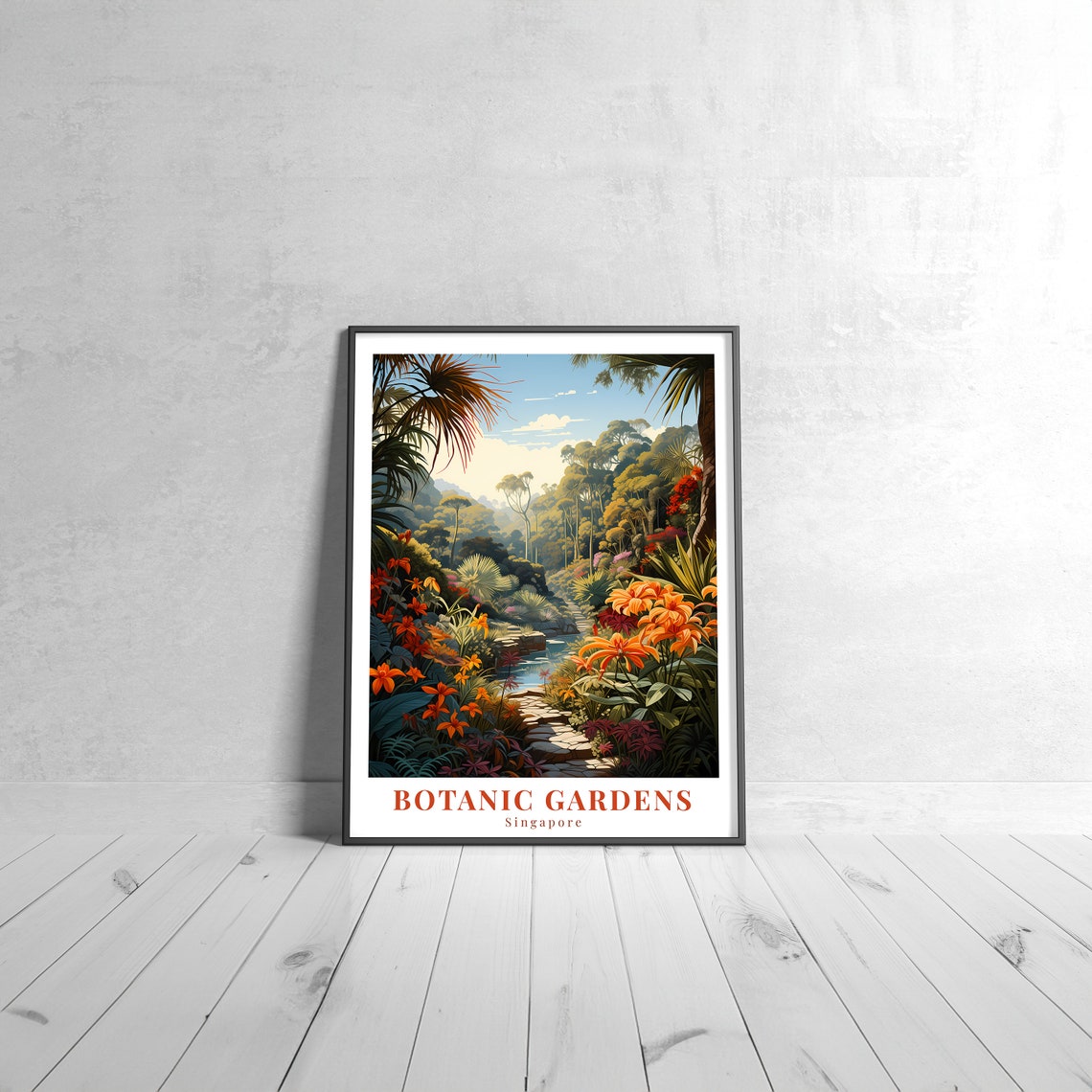 Botanic Gardens Singapore Vintage Travel Poster With Tropical Flowers