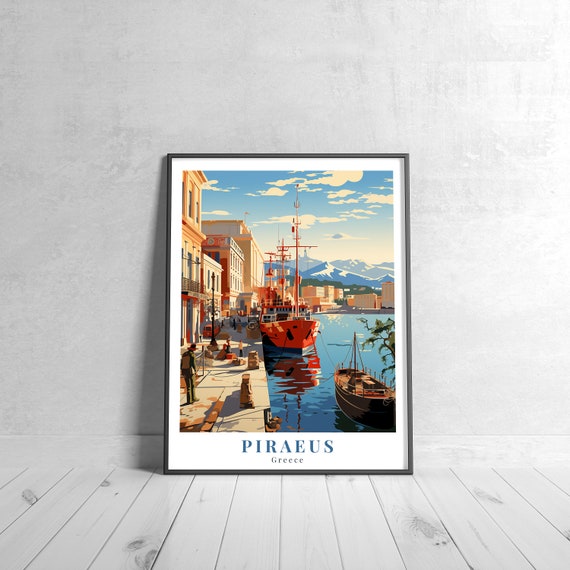 Piraeus Vintage Travel Poster Retro Greece Art Print Colorful Home Decor Wall Unique Gift