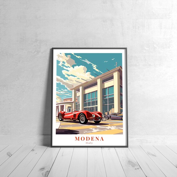 Modena Italy Vintage Red Race Car Outside Factory Travel Poster