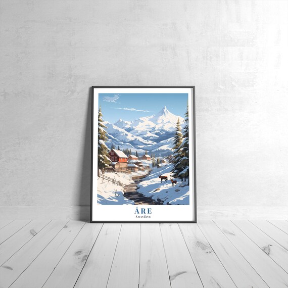 Are Sweden Snowy Mountain Cabins Reindeer Vintage Retro Travel Poster