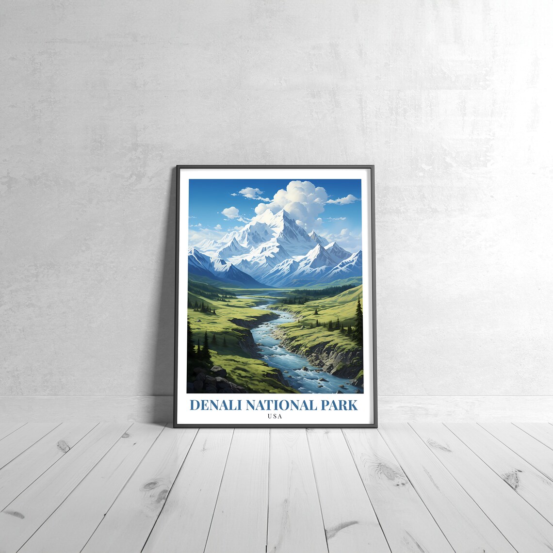 Denali National Park USA Vintage Travel Poster With Snowy Peak And River