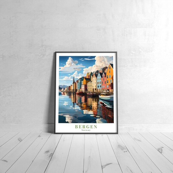 Bergen Norway Colorful Harbor Wharf Houses Vintage Travel Poster