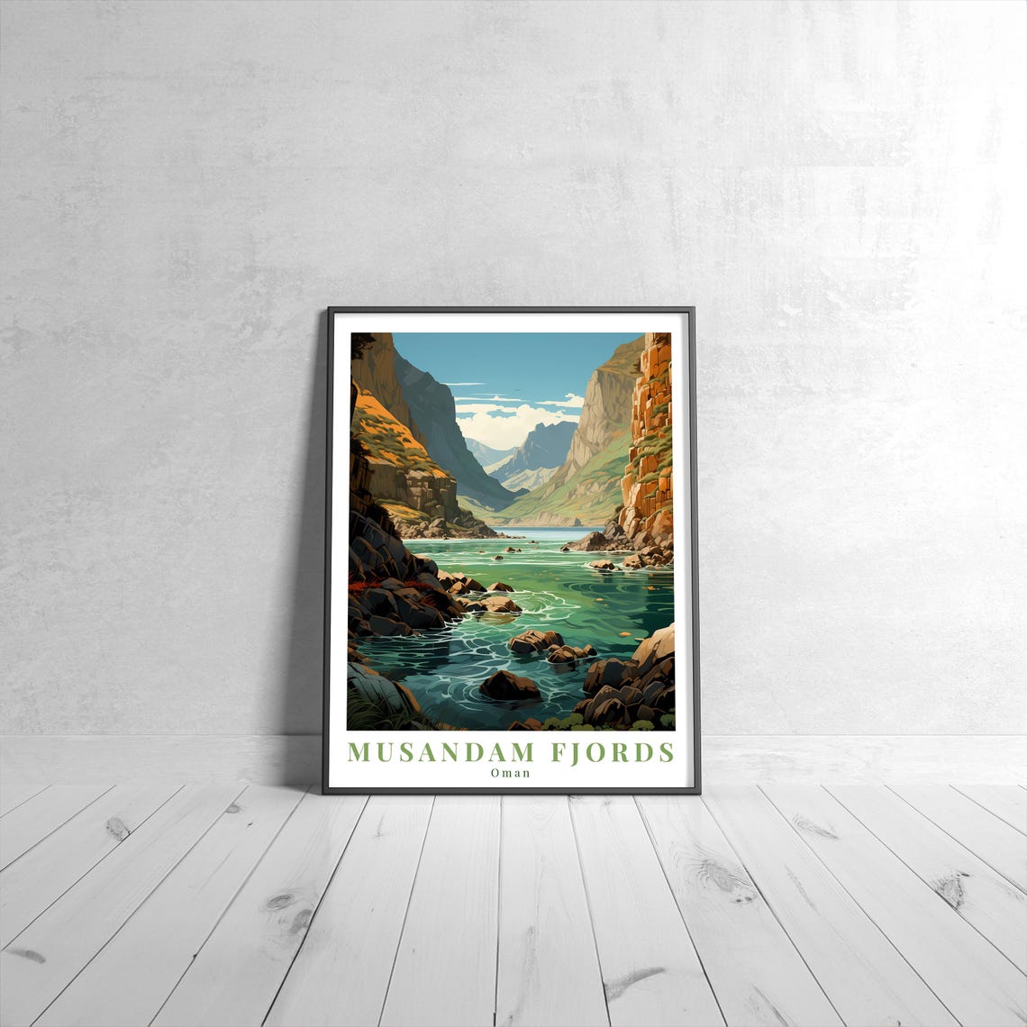 Musandam Fjords Oman Turquoise Water Cliffs Retro Travel Poster