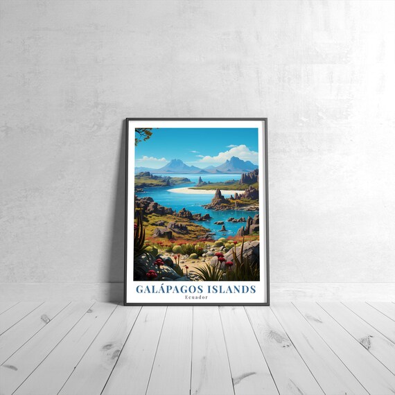 Galapagos Islands Ecuador Vintage Coastal Landscape Travel Poster