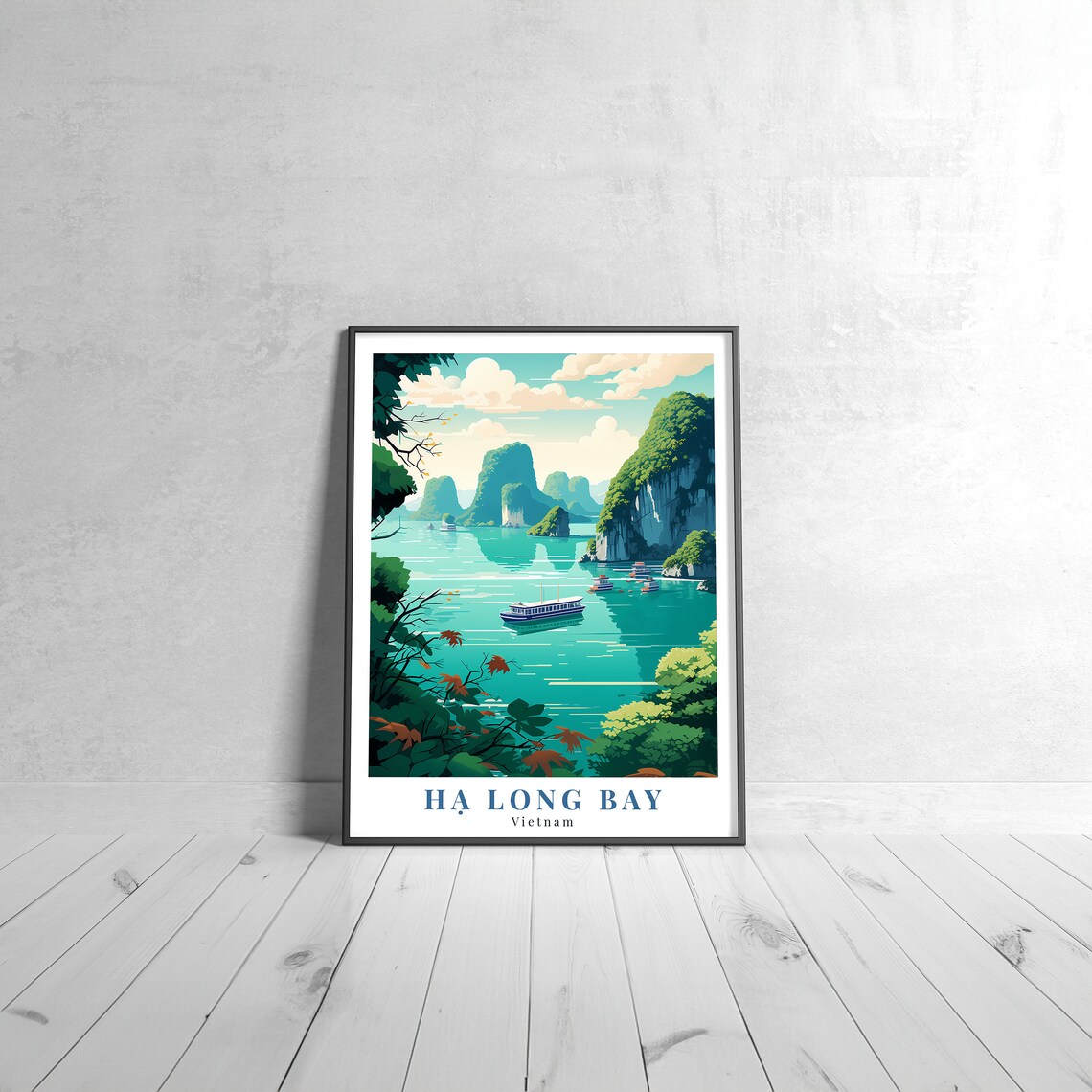 Ha Long Bay Vietnam Vintage Travel Poster With Limestone Karsts And Boats