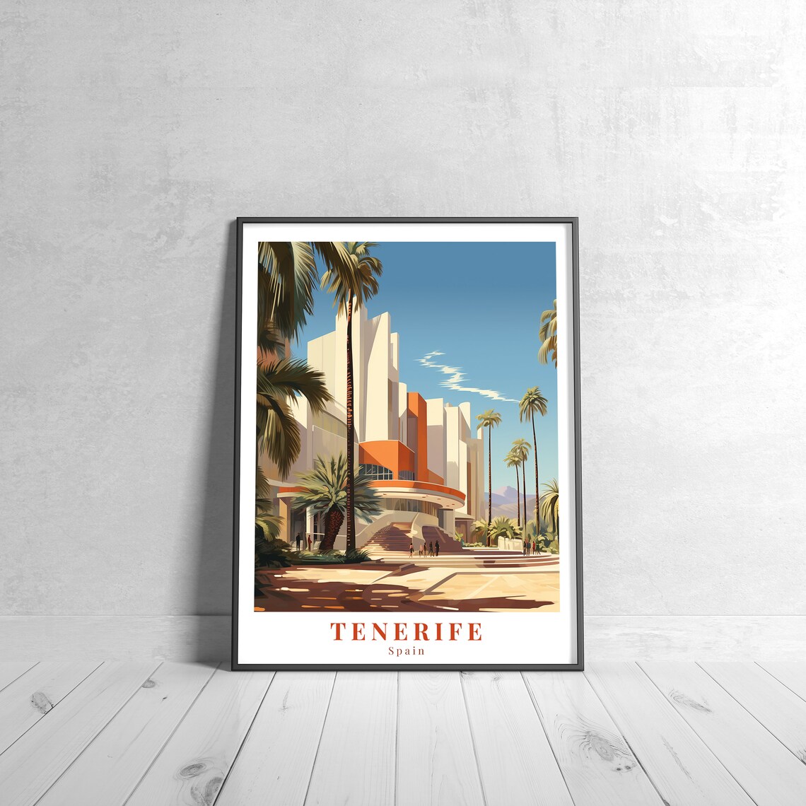 Tenerife Spain Vintage Retro Travel Modernist Building Palm Trees Art Poster