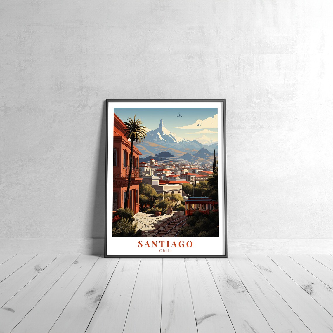 Santiago Chile Vintage Travel Poster with City Hills and Funicular
