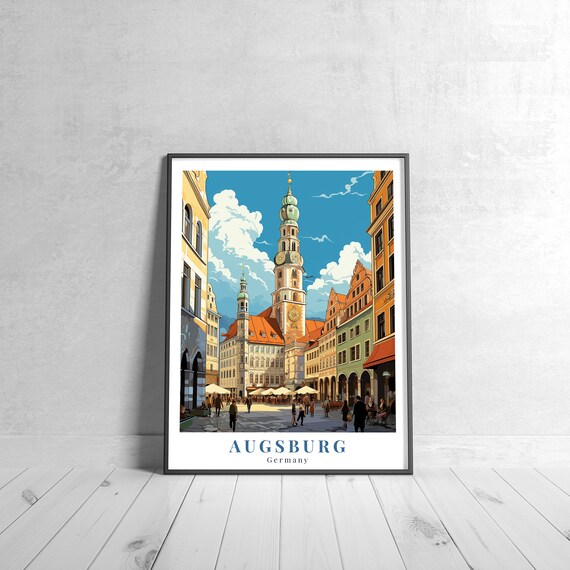 Augsburg Germany Vintage Travel Style Old Town Square Art Poster