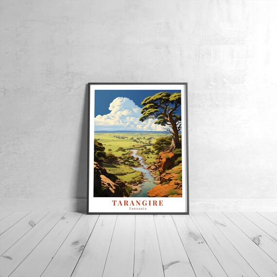 Tarangire Tanzania River Valley Acacia Trees Savanna Vintage Travel Poster