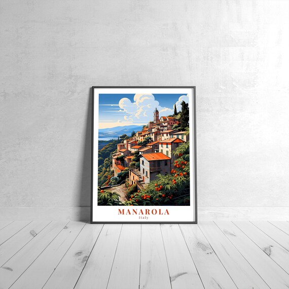 Manarola Italy Cinque Terre Village Retro Coastal Travel Poster