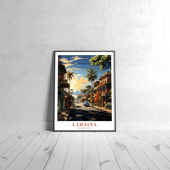 Lahaina Hawaii Palm Street Sunset Vintage Travel Style Poster