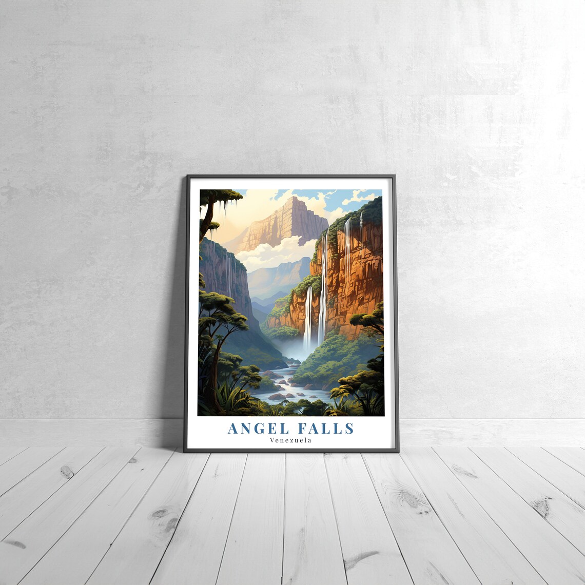 Angel Falls Venezuela Travel Poster Tall Waterfall Jungle Cliff Canyon View Art