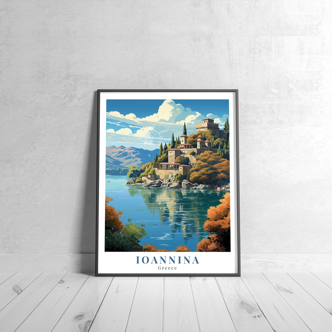Ioannina Greece Vintage Travel Poster Lakeside Castle Illustration