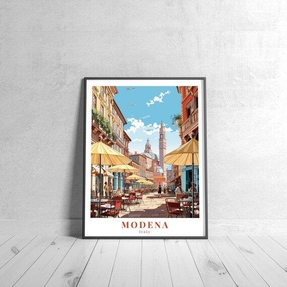 Modena Italy Vintage Street Cafe Cathedral Tower Travel Poster