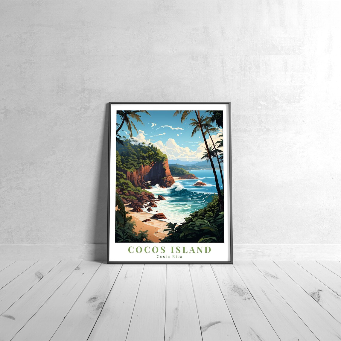 Cocos Island Costa Rica Vintage Travel Poster Tropical Cliffs Beach Waves