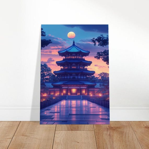 Enchanted Pagoda Moonrise Canvas Art Asian Temple Wall Decor Serene Night Sky Home Cultural Landscape Print