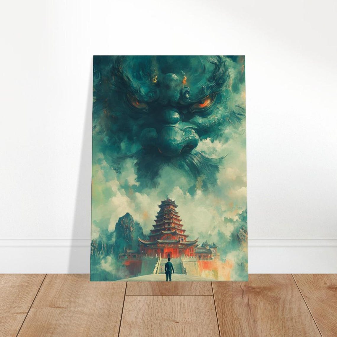 Celestial Guardian Spirit Over Red Pagoda Temple Fantasy Art Poster