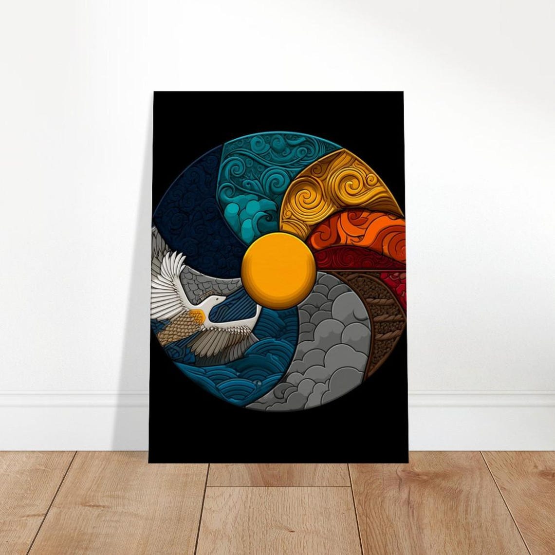 Elemental Harmony Circular Mandala Crane Sun World Cultures Art Poster