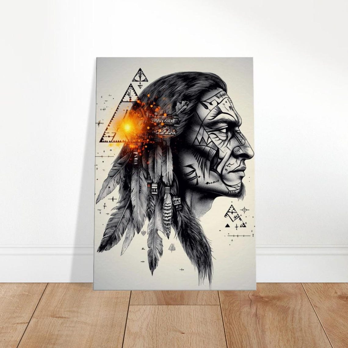 Native American Chief Feather Headdress Geometric Portrait Poster