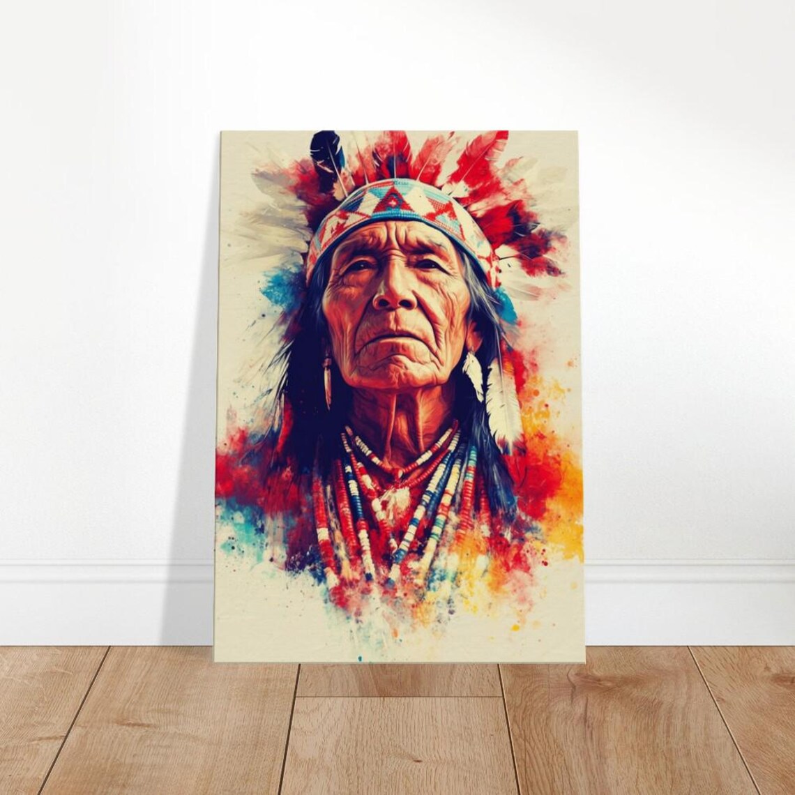 Indigenous Elder Portrait Vibrant Watercolor Feather Headdress Art Poster