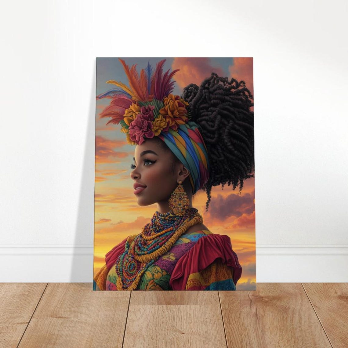 Vibrant African Queen Feather Headwrap Sunset Portrait Wall Art
