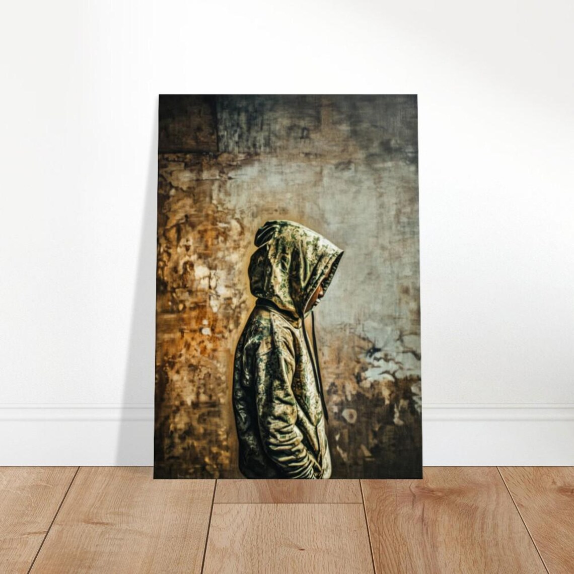 Hooded Figure Camouflage Hoodie Textured Wall Moody Street Art Poster