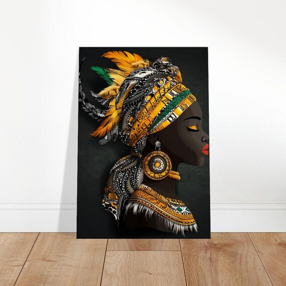 African Woman Feather Headwrap Gold Jewelry Portrait Art Poster