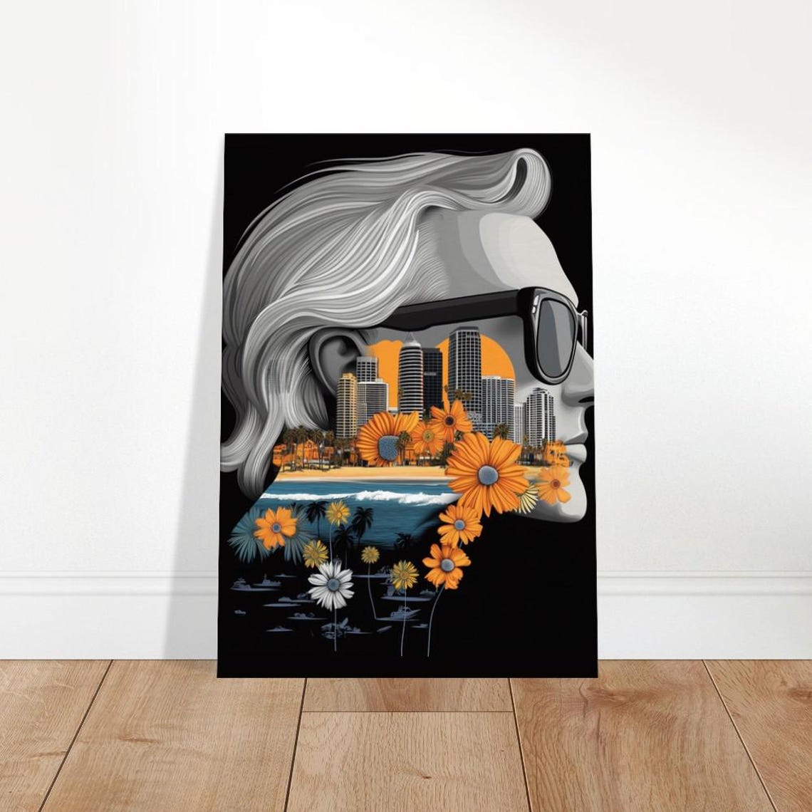 Coastal Dreamscape Woman Sunglasses City Beach Double Exposure Poster