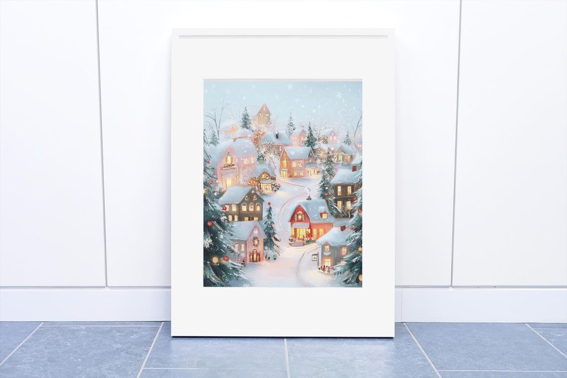 Holiday Pink Christmas Wall Art Pastel Watercolor Print Snowy Pink Car Christmas Village Painting Girly Holiday - Image 3