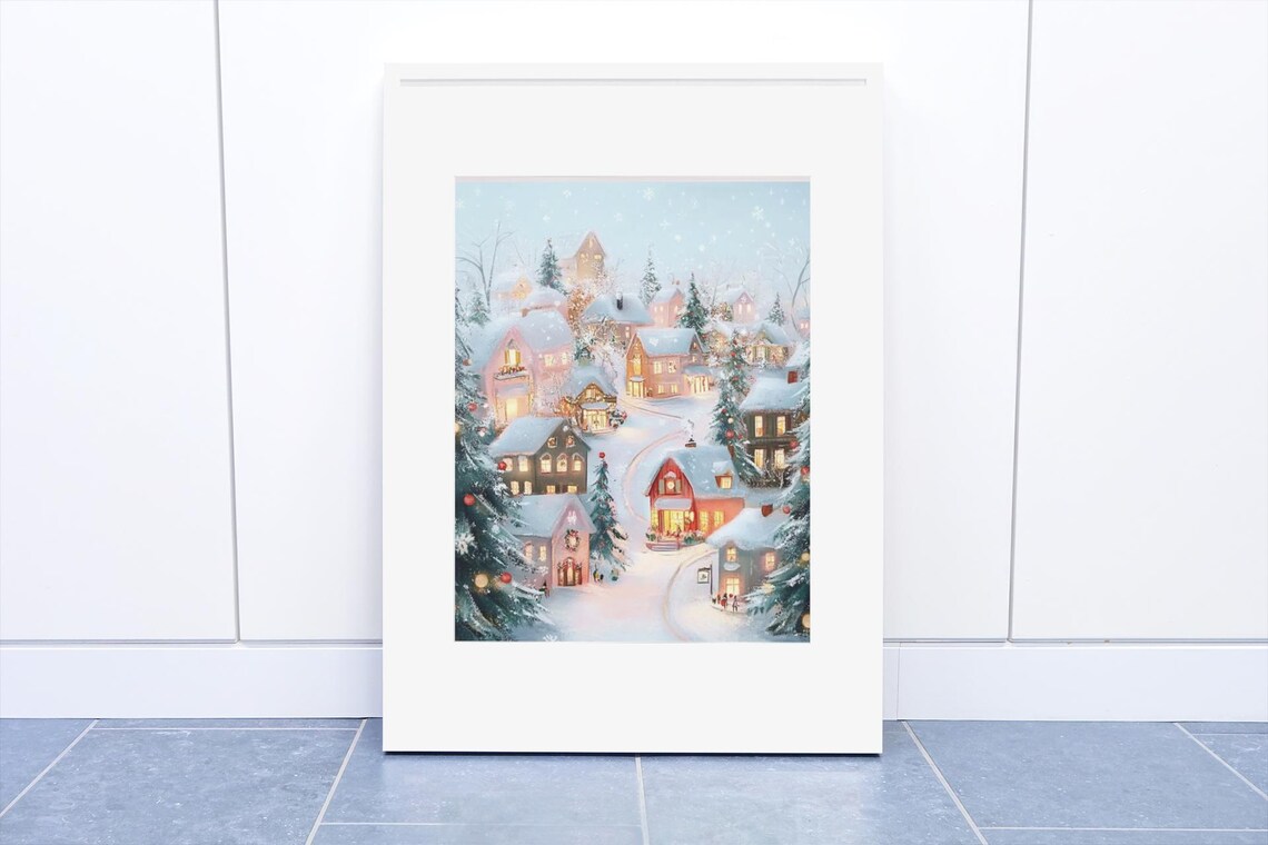 Pink Christmas Village in Snow Pastel Holiday Watercolor Poster - Image 3