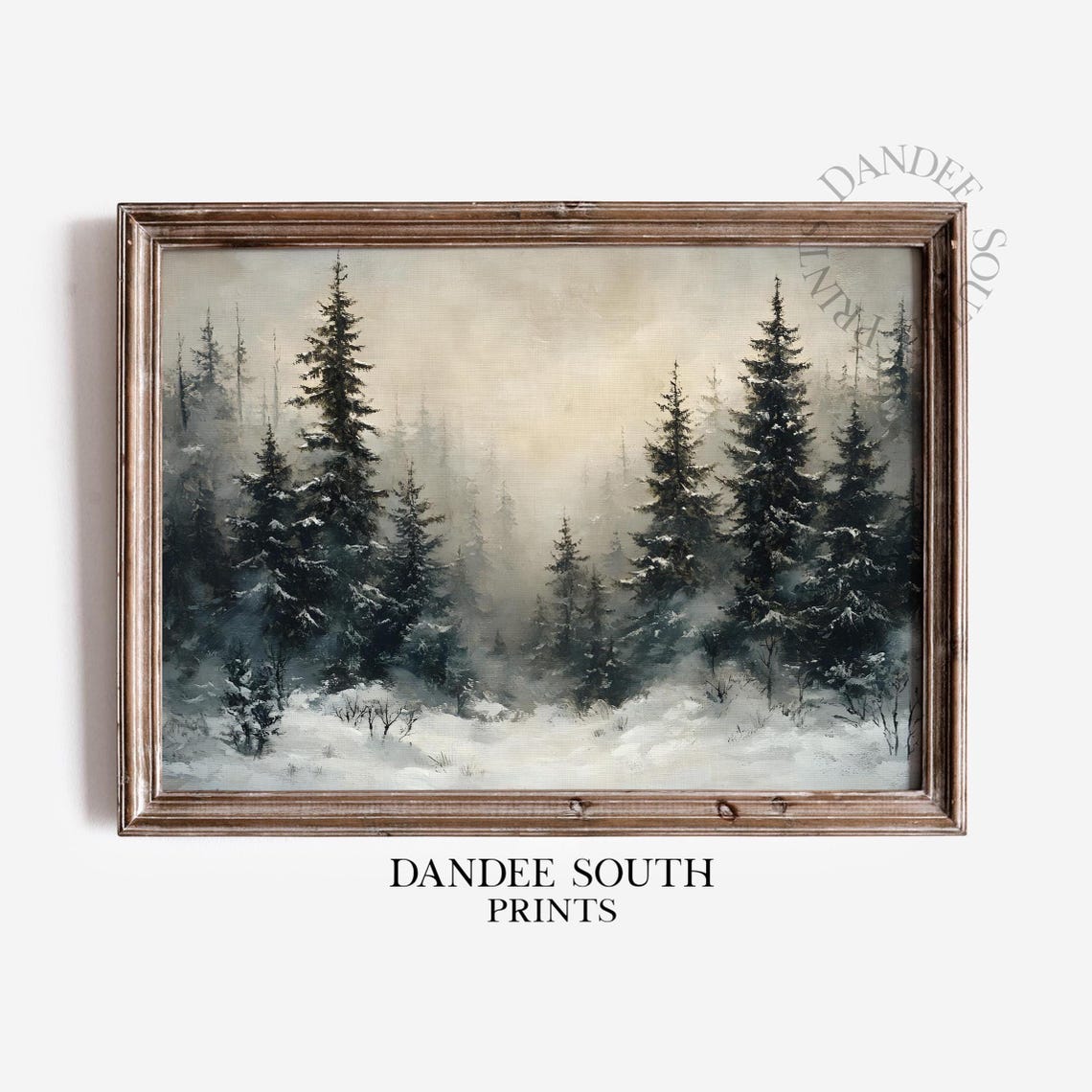 Misty Winter Pine Forest Snowfall Moody Landscape Painting Wall Art