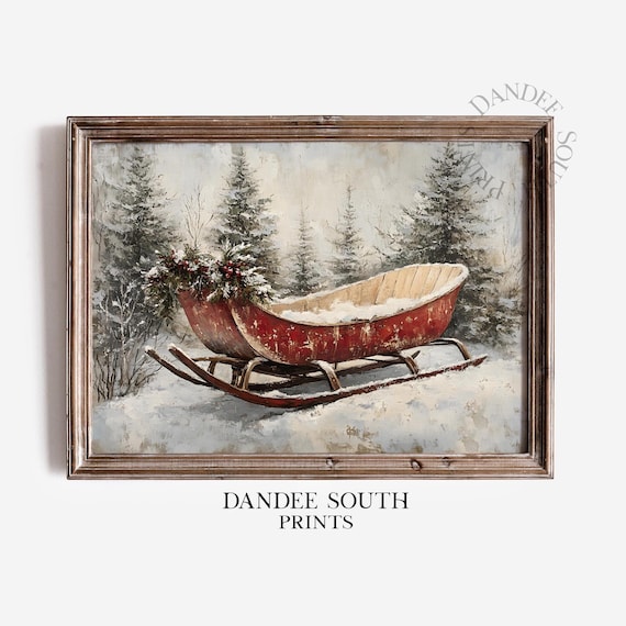 Vintage Red Sleigh Snow Christmas Tree Forest Winter Art Poster