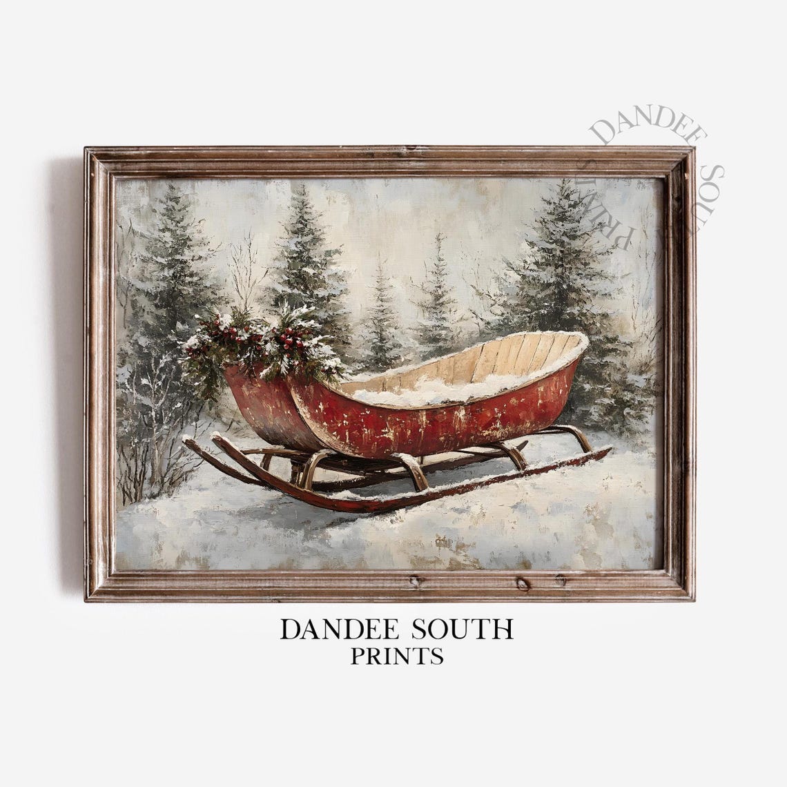 Vintage Red Sleigh Snow Christmas Tree Forest Winter Art Poster