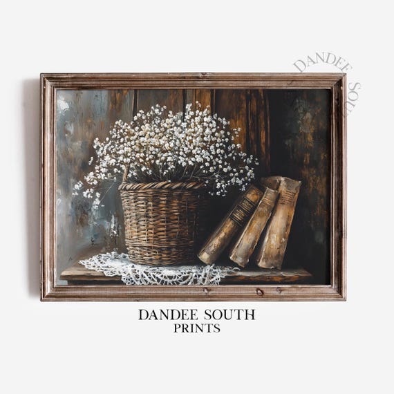 Rustic Babys Breath Basket with Old Books Dark Still Life Painting Poster